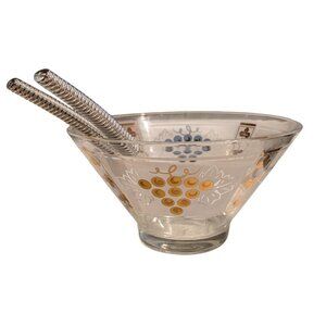 Anchor Hocking Salad Bowl Tongs Grapevine Silver tone Serving Set MCM